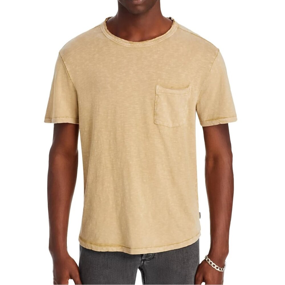 John Varvatos Men's Cooper Pocket Crew T-Shirt Slub Cotton Raw Edges Camel S